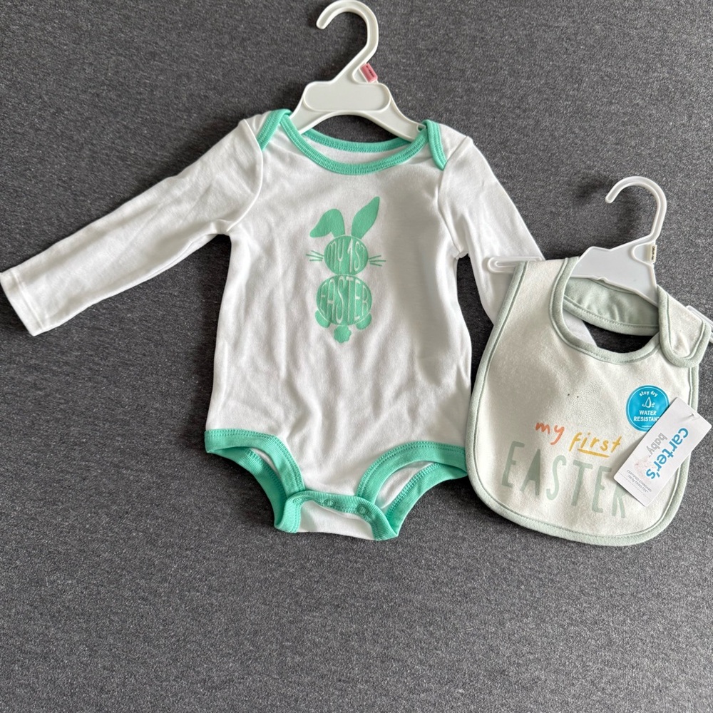 NWT First Easter 2 piece set size 0-3 months onsies & bib